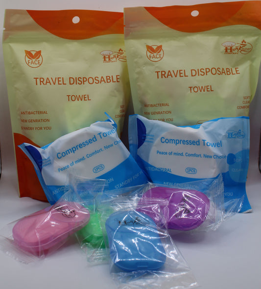 2 Face Towels + 2 Bath Towels with 80 Sheet Soaps — Portable Compressed Travel Set